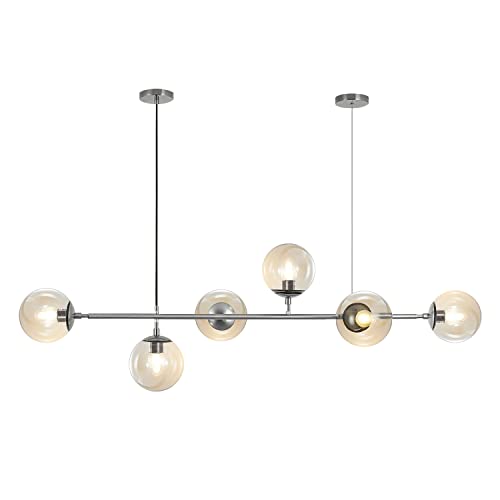 Lighting Mid-Century Rectangle Light Fixture 6-Light Glass Globe Linear Chandelier Brushed Nickel Pendant Light Fixture Adjustable Kitchen Island Lighting