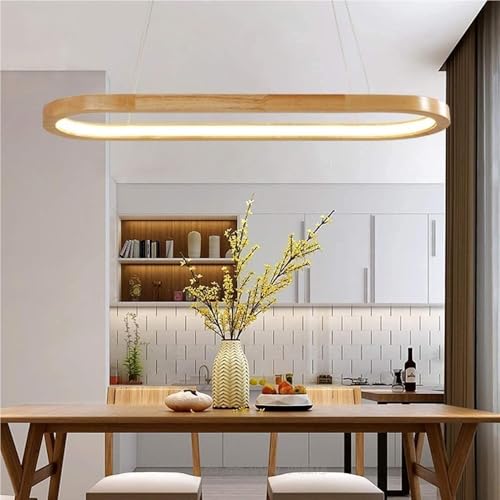 Modern LED Linear Oak Wooden Chandelier Dimmable Pendant with Remote Control Height Adjustable Ceiling Light for Kitchen Island Living Dining Room