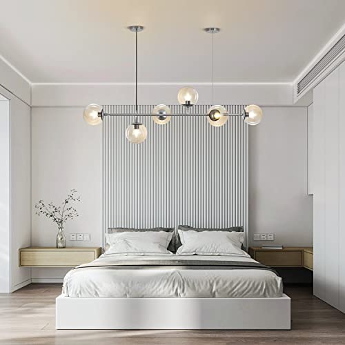 Lighting Mid-Century Rectangle Light Fixture 6-Light Glass Globe Linear Chandelier Brushed Nickel Pendant Light Fixture Adjustable Kitchen Island Lighting
