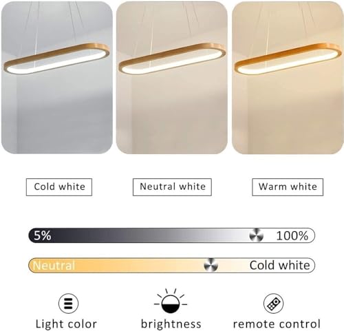 Modern LED Linear Oak Wooden Chandelier Dimmable Pendant with Remote Control Height Adjustable Ceiling Light for Kitchen Island Living Dining Room