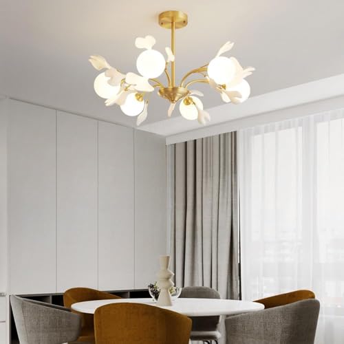 6 Globe Sputnik Milk Glass Mid Century Chandelier Dining Vintage Gold Leaf Branch Farmhouse Ceiling Pendant Light for Bedroom Kitchen Island Living Room