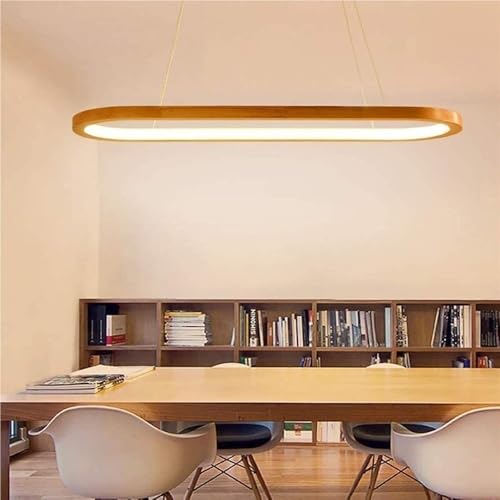 Modern LED Linear Oak Wooden Chandelier Dimmable Pendant with Remote Control Height Adjustable Ceiling Light for Kitchen Island Living Dining Room