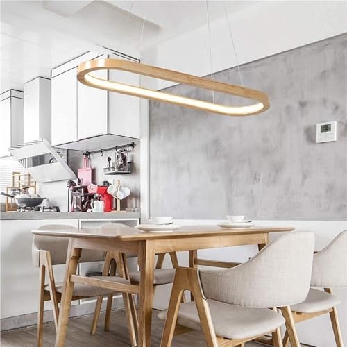 Modern LED Linear Oak Wooden Chandelier Dimmable Pendant with Remote Control Height Adjustable Ceiling Light for Kitchen Island Living Dining Room