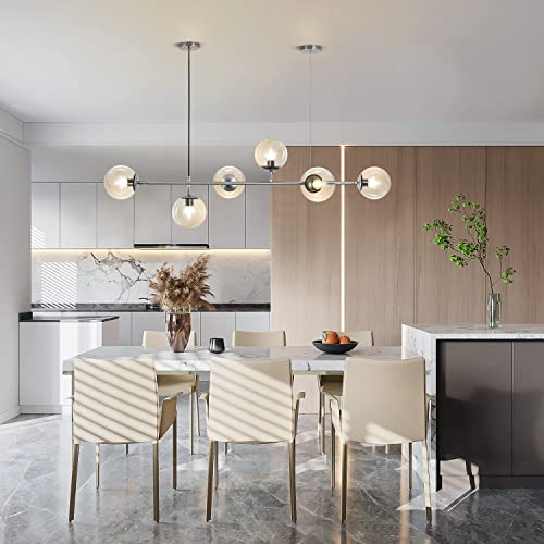 Lighting Mid-Century Rectangle Light Fixture 6-Light Glass Globe Linear Chandelier Brushed Nickel Pendant Light Fixture Adjustable Kitchen Island Lighting