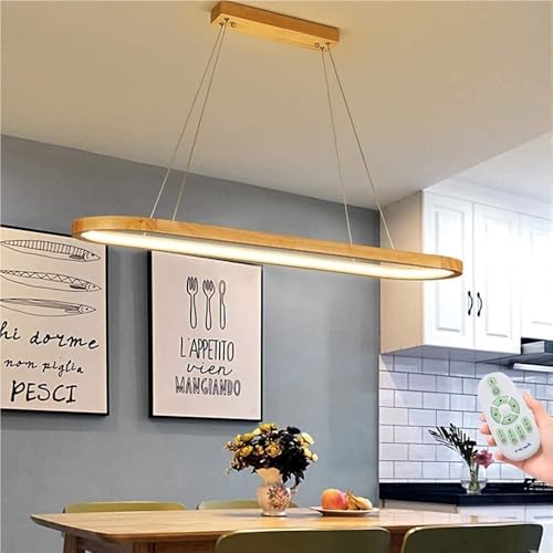 Modern LED Linear Oak Wooden Chandelier Dimmable Pendant with Remote Control Height Adjustable Ceiling Light for Kitchen Island Living Dining Room