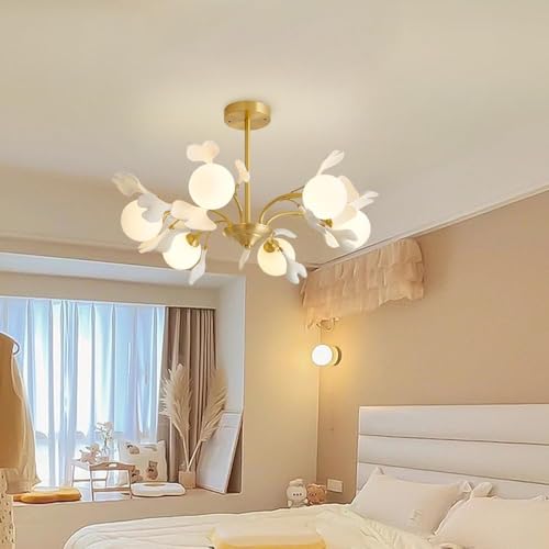 6 Globe Sputnik Milk Glass Mid Century Chandelier Dining Vintage Gold Leaf Branch Farmhouse Ceiling Pendant Light for Bedroom Kitchen Island Living Room
