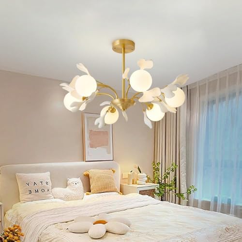 6 Globe Sputnik Milk Glass Mid Century Chandelier Dining Vintage Gold Leaf Branch Farmhouse Ceiling Pendant Light for Bedroom Kitchen Island Living Room