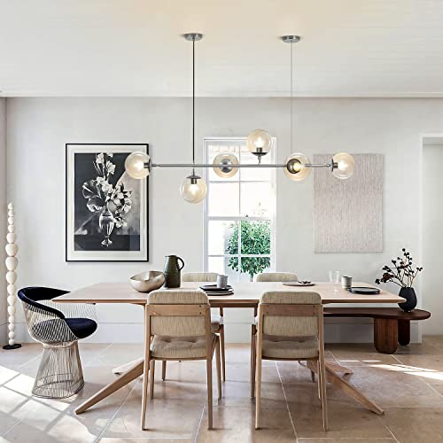 Lighting Mid-Century Rectangle Light Fixture 6-Light Glass Globe Linear Chandelier Brushed Nickel Pendant Light Fixture Adjustable Kitchen Island Lighting