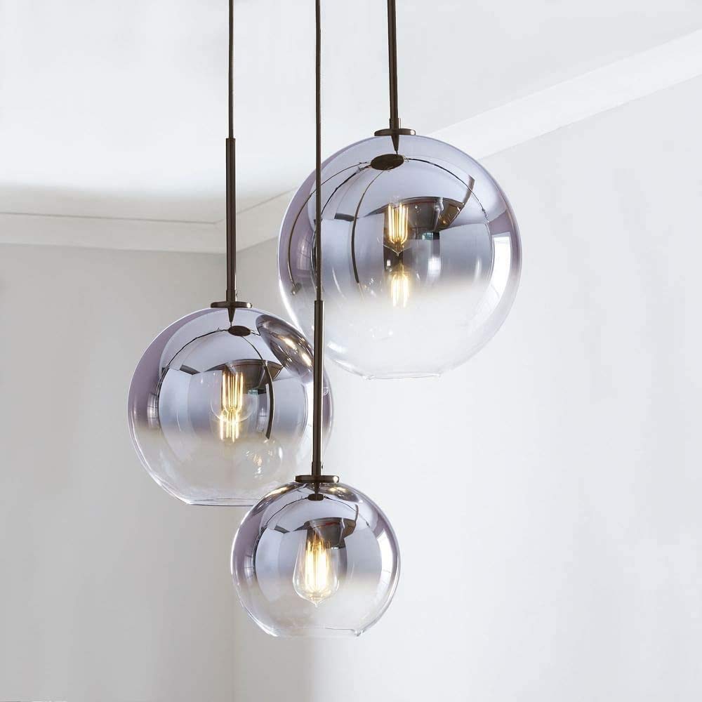 Modern Dining Table Pendant Lamp Ceiling Light, 3-Flame Gradient Glass Ball Hanging Lamp, Height Adjustable E27 Chandelier for Office Dining Room Living Room (Color : Silver)
