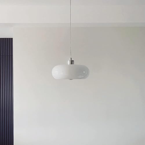 Nordic Glass Circular Suspension Wire Chandelier Mid Century White Light Adjustable Length Modern Home Decoration Pendant Lamp for Dining Room Bedroom Kitchen