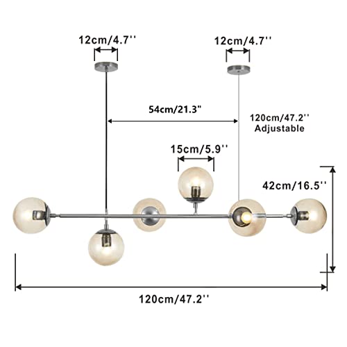 Lighting Mid-Century Rectangle Light Fixture 6-Light Glass Globe Linear Chandelier Brushed Nickel Pendant Light Fixture Adjustable Kitchen Island Lighting
