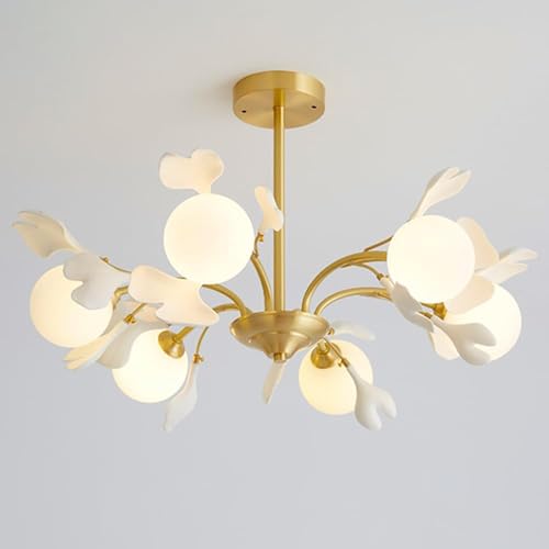 6 Globe Sputnik Milk Glass Mid Century Chandelier Dining Vintage Gold Leaf Branch Farmhouse Ceiling Pendant Light for Bedroom Kitchen Island Living Room