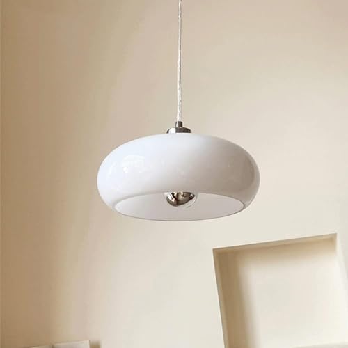 Nordic Glass Circular Suspension Wire Chandelier Mid Century White Light Adjustable Length Modern Home Decoration Pendant Lamp for Dining Room Bedroom Kitchen