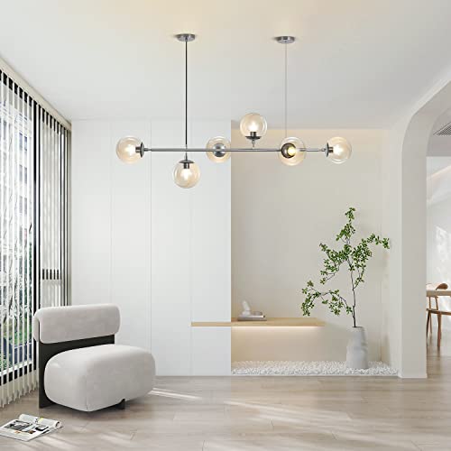 Lighting Mid-Century Rectangle Light Fixture 6-Light Glass Globe Linear Chandelier Brushed Nickel Pendant Light Fixture Adjustable Kitchen Island Lighting