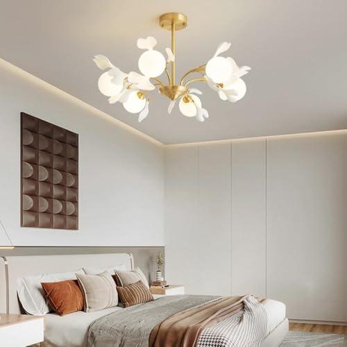 6 Globe Sputnik Milk Glass Mid Century Chandelier Dining Vintage Gold Leaf Branch Farmhouse Ceiling Pendant Light for Bedroom Kitchen Island Living Room