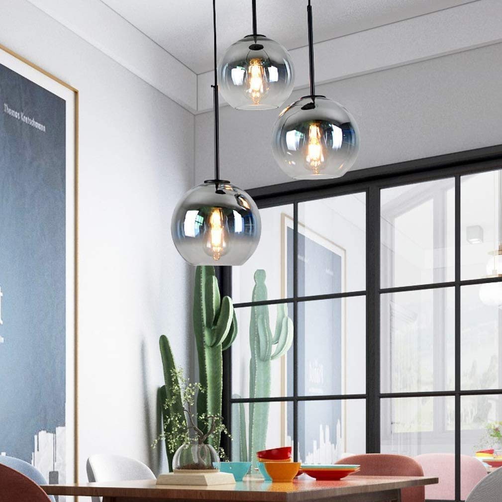 Modern Dining Table Pendant Lamp Ceiling Light, 3-Flame Gradient Glass Ball Hanging Lamp, Height Adjustable E27 Chandelier for Office Dining Room Living Room (Color : Silver)